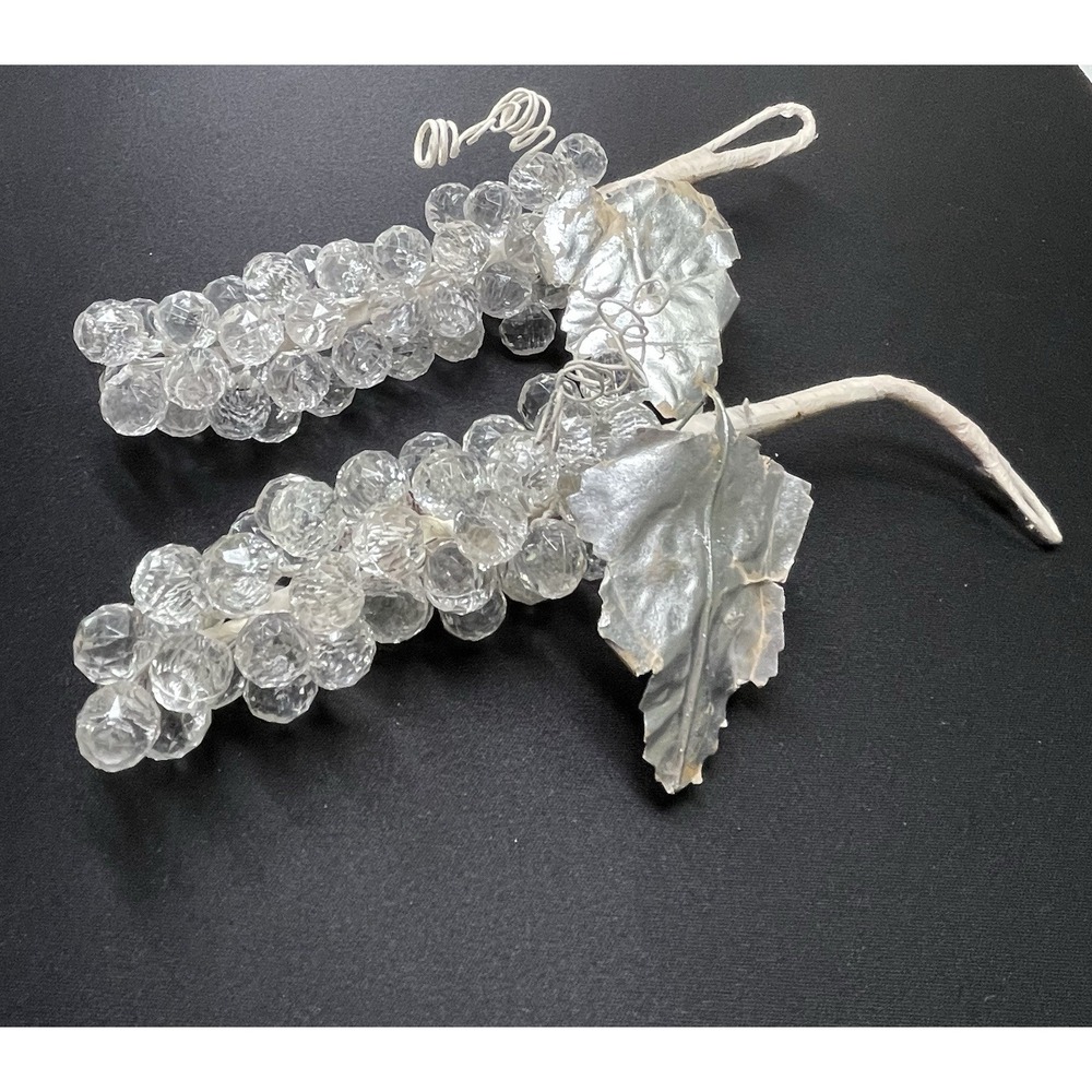 Vintage 1960s Lot of 2 Faceted Lucite Clear Grape Clusters with Silver Leaves!